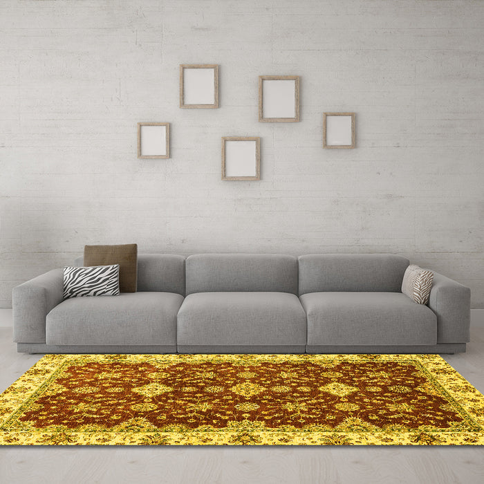 Machine Washable Oriental Yellow Traditional Rug in a Living Room, wshabs3243yw