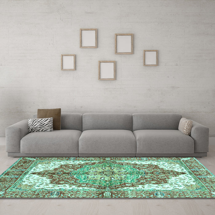 Machine Washable Persian Turquoise Traditional Area Rugs in a Living Room,, wshabs3247turq