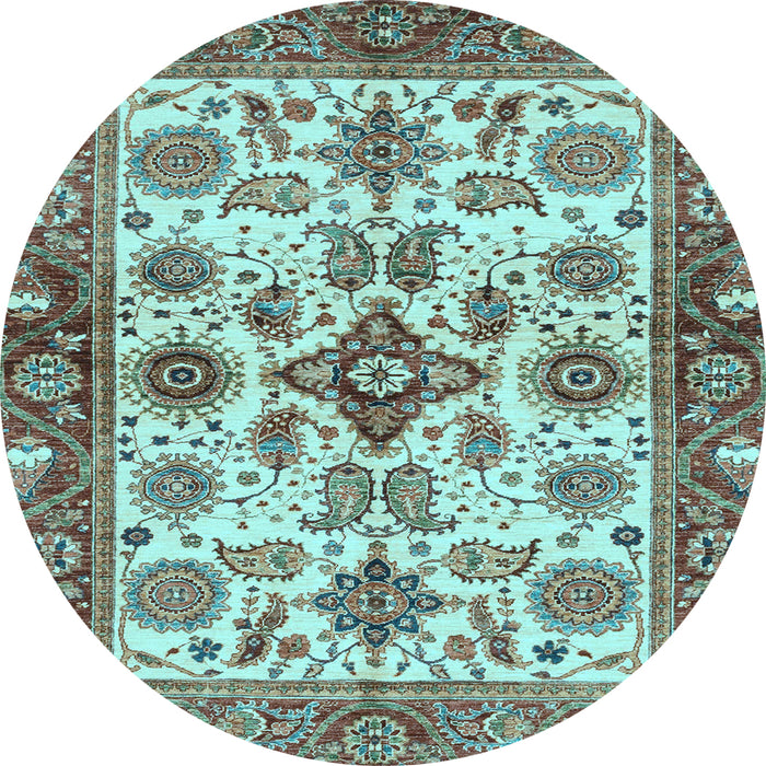 Round Machine Washable Oriental Light Blue Traditional Rug, wshabs3248lblu