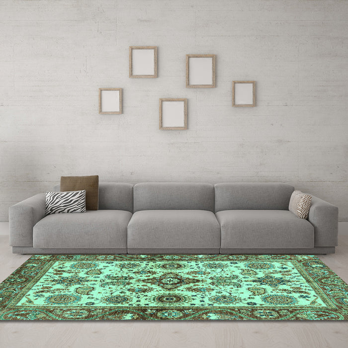 Machine Washable Oriental Turquoise Traditional Area Rugs in a Living Room,, wshabs3248turq