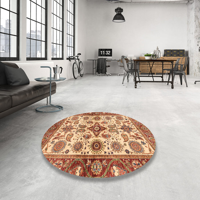 Round Machine Washable Abstract Sandy Brown Rug in a Office, wshabs3248