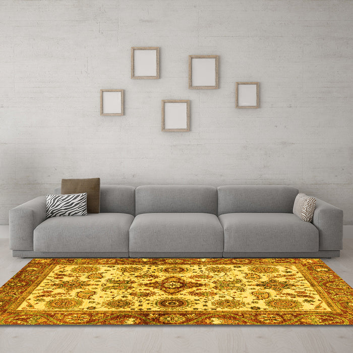 Machine Washable Oriental Yellow Traditional Rug in a Living Room, wshabs3248yw