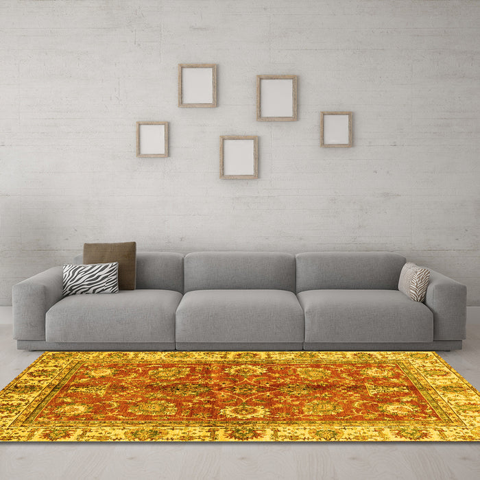 Machine Washable Abstract Yellow Modern Rug in a Living Room, wshabs3249yw