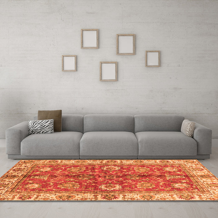 Machine Washable Abstract Orange Modern Area Rugs in a Living Room, wshabs3249org