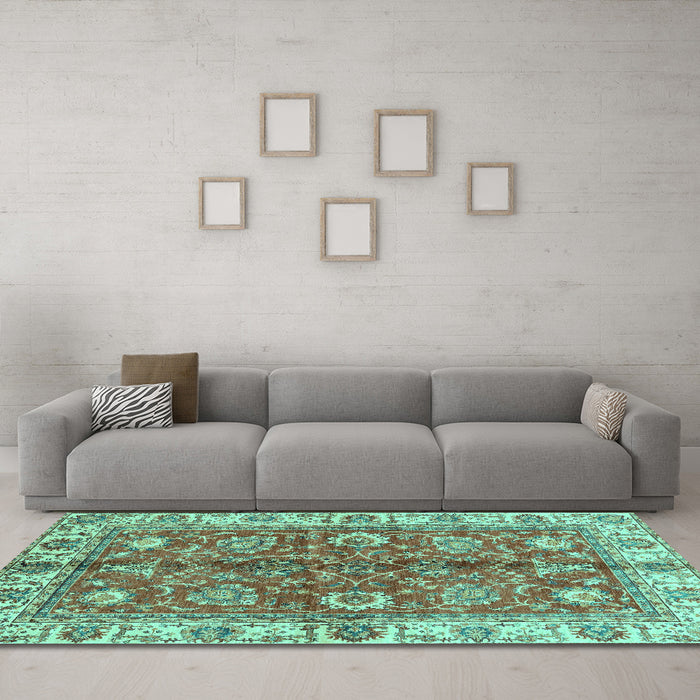Machine Washable Abstract Turquoise Modern Area Rugs in a Living Room,, wshabs3249turq