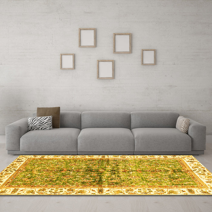 Machine Washable Oriental Yellow Traditional Rug in a Living Room, wshabs3251yw