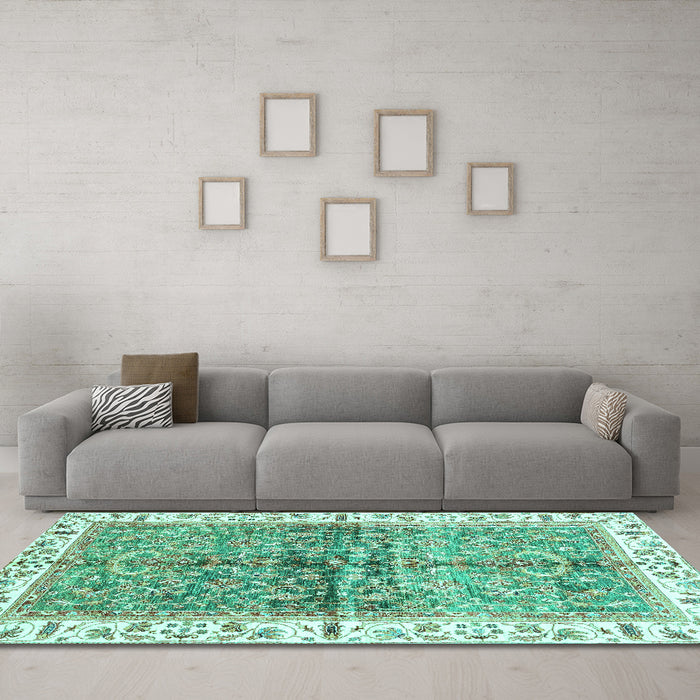 Machine Washable Oriental Turquoise Traditional Area Rugs in a Living Room,, wshabs3251turq