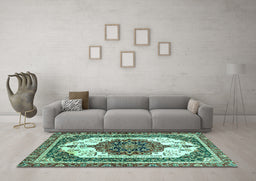 Machine Washable Persian Turquoise Traditional Area Rugs in a Living Room,, wshabs3252turq
