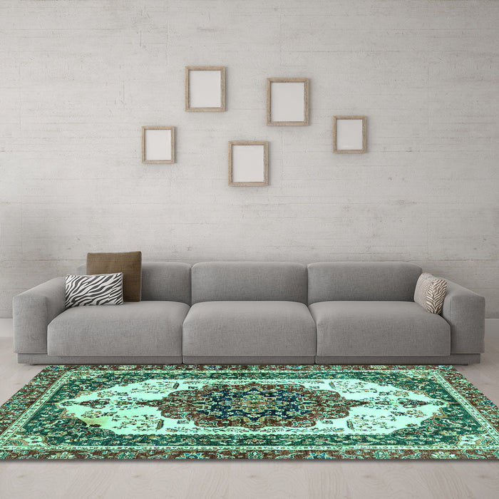 Machine Washable Persian Turquoise Traditional Area Rugs in a Living Room,, wshabs3252turq