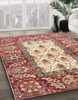 Abstract Fire Brick Red Oriental Rug in Family Room, abs3253