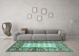 Machine Washable Oriental Turquoise Traditional Area Rugs in a Living Room,, wshabs3253turq