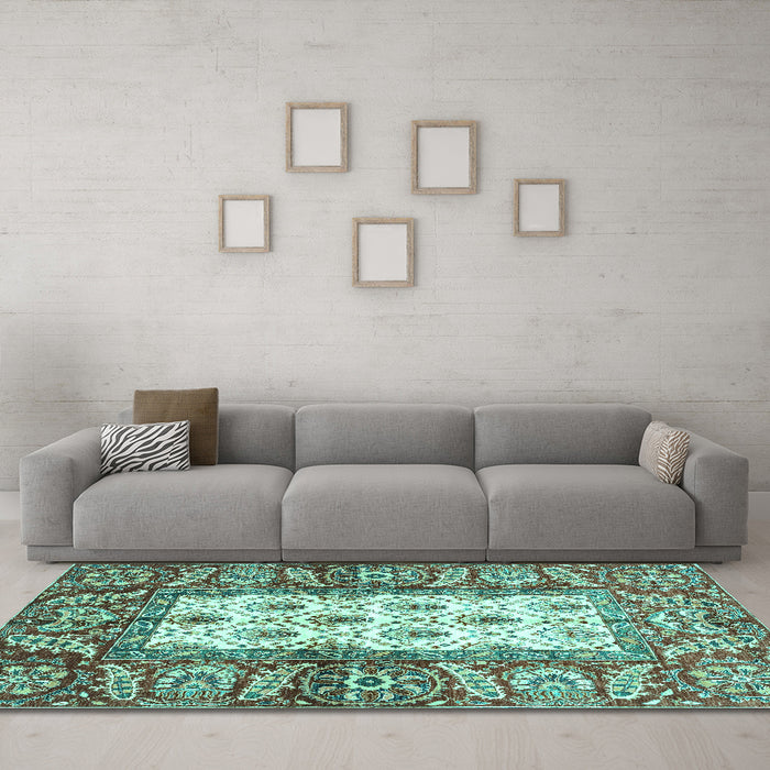 Machine Washable Oriental Turquoise Traditional Area Rugs in a Living Room,, wshabs3253turq