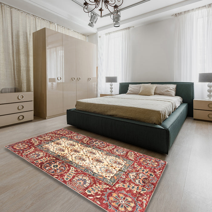 Machine Washable Abstract Fire Brick Red Rug in a Bedroom, wshabs3253