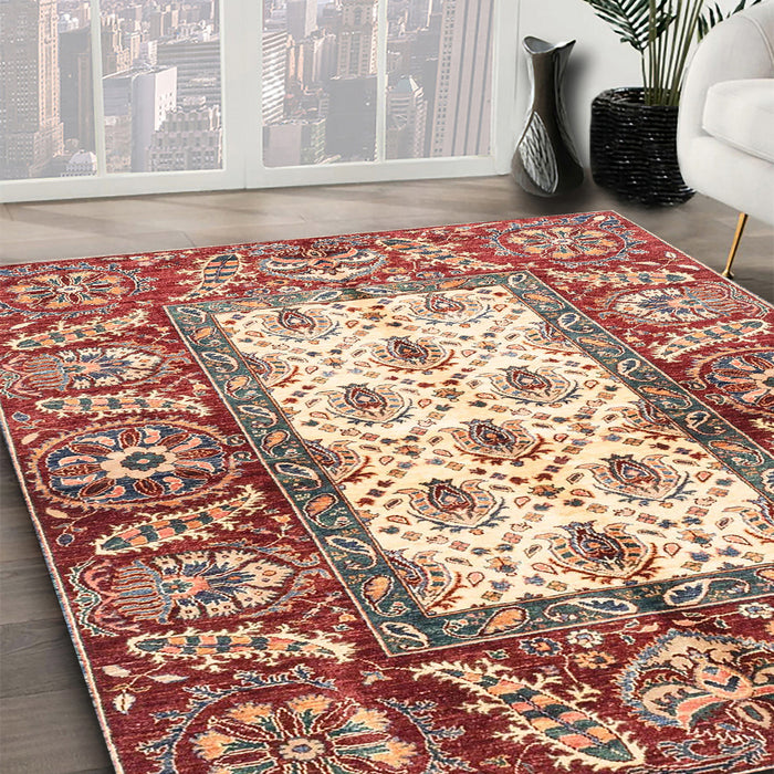 Abstract Fire Brick Red Oriental Rug in Family Room, abs3253