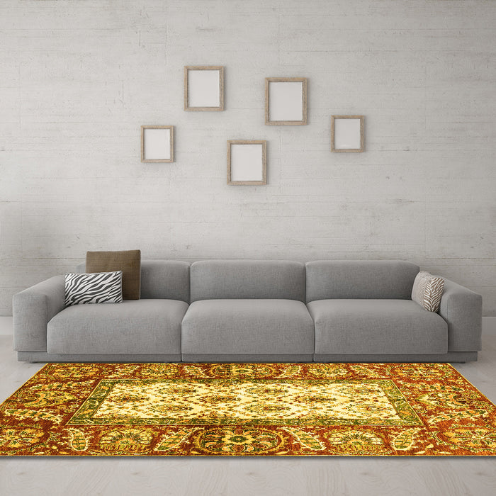 Machine Washable Oriental Yellow Traditional Rug in a Living Room, wshabs3253yw