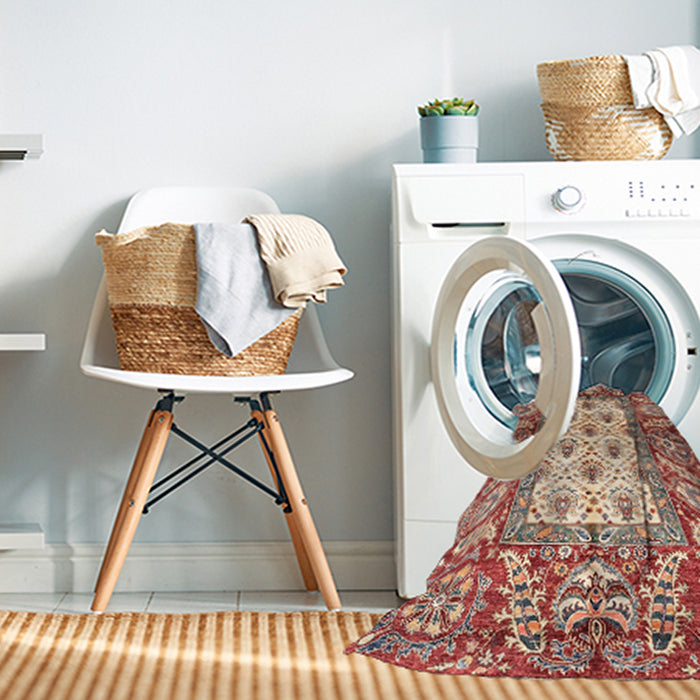 Machine Washable Abstract Fire Brick Red Rug in a Washing Machine, wshabs3253