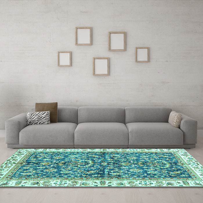 Machine Washable Abstract Turquoise Modern Area Rugs in a Living Room,, wshabs3254turq