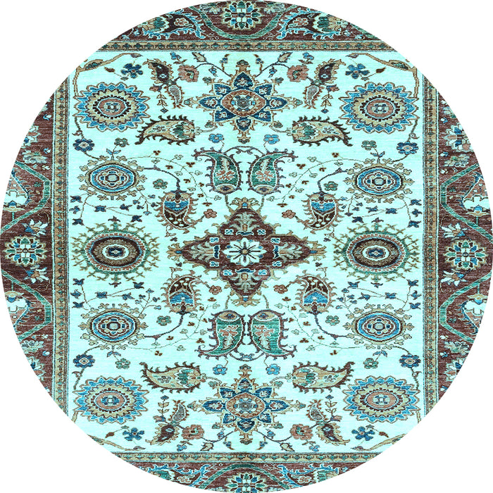 Round Machine Washable Oriental Light Blue Traditional Rug, wshabs3256lblu