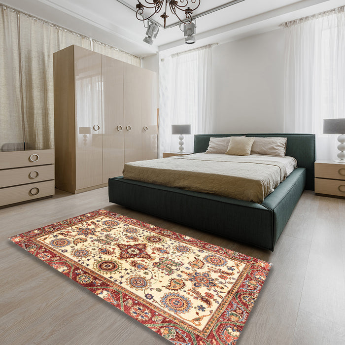 Abstract Brown Gold Oriental Rug in a Bedroom, abs3256