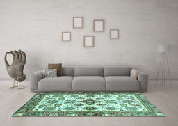 Machine Washable Oriental Turquoise Traditional Area Rugs in a Living Room,, wshabs3256turq
