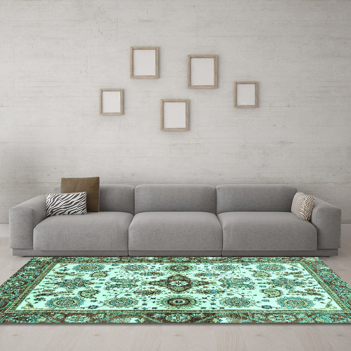 Machine Washable Oriental Turquoise Traditional Area Rugs in a Living Room,, wshabs3256turq