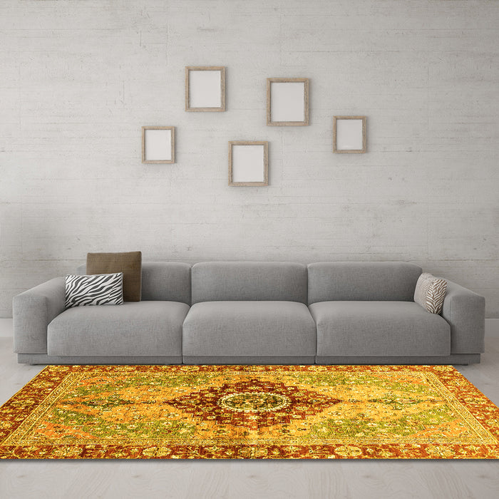Machine Washable Persian Yellow Traditional Rug in a Living Room, wshabs3257yw