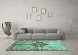 Machine Washable Persian Turquoise Traditional Area Rugs in a Living Room,, wshabs3257turq