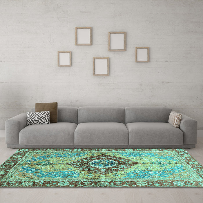 Machine Washable Persian Turquoise Traditional Area Rugs in a Living Room,, wshabs3257turq