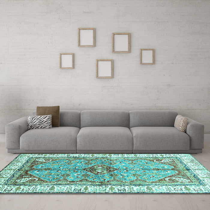 Machine Washable Geometric Turquoise Traditional Area Rugs in a Living Room,, wshabs3259turq