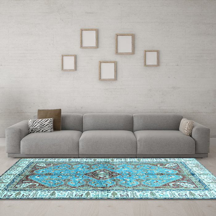 Machine Washable Geometric Light Blue Traditional Rug in a Living Room, wshabs3259lblu