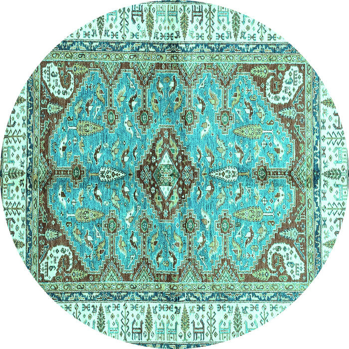 Round Machine Washable Geometric Turquoise Traditional Area Rugs, wshabs3259turq