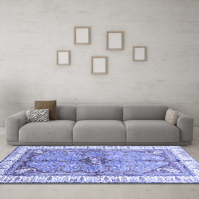 Machine Washable Geometric Blue Traditional Rug in a Living Room, wshabs3259blu