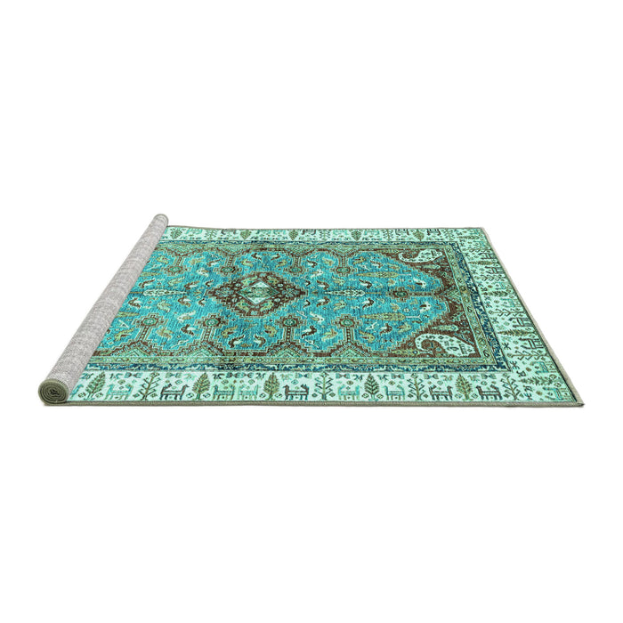 Sideview of Machine Washable Geometric Turquoise Traditional Area Rugs, wshabs3259turq