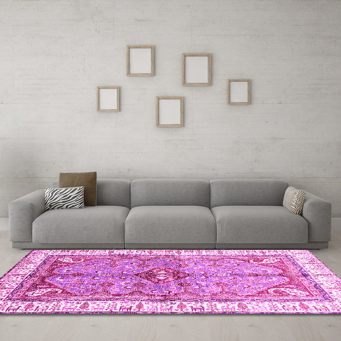 Machine Washable Geometric Pink Traditional Rug in a Living Room, wshabs3259pnk