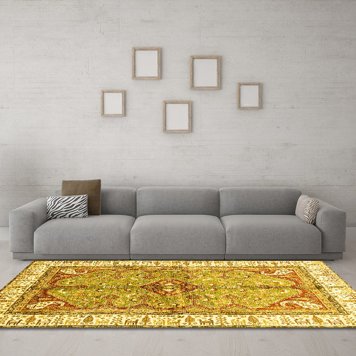 Machine Washable Geometric Yellow Traditional Rug in a Living Room, wshabs3259yw