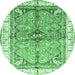 Round Machine Washable Geometric Emerald Green Traditional Area Rugs, wshabs3259emgrn