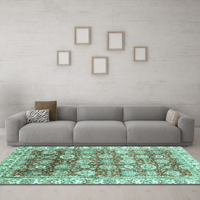 Machine Washable Oriental Turquoise Traditional Area Rugs in a Living Room,, wshabs3260turq