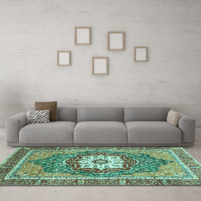 Machine Washable Persian Turquoise Traditional Area Rugs in a Living Room,, wshabs3261turq