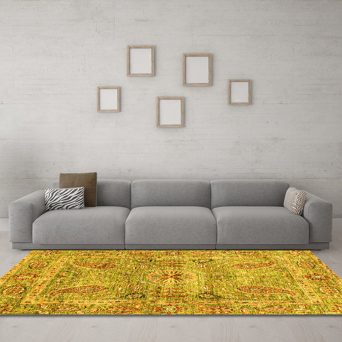 Machine Washable Oriental Yellow Traditional Rug in a Living Room, wshabs3262yw