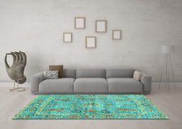 Machine Washable Oriental Turquoise Traditional Area Rugs in a Living Room,, wshabs3262turq