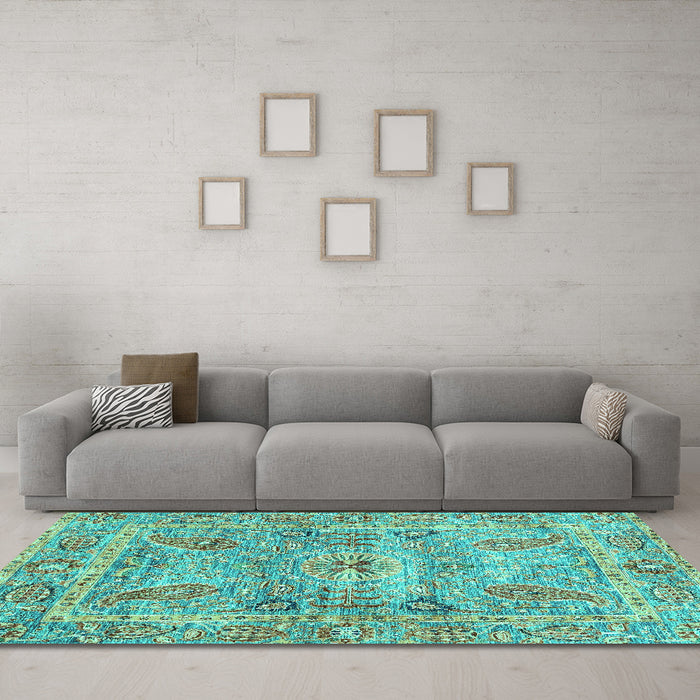 Machine Washable Oriental Turquoise Traditional Area Rugs in a Living Room,, wshabs3262turq