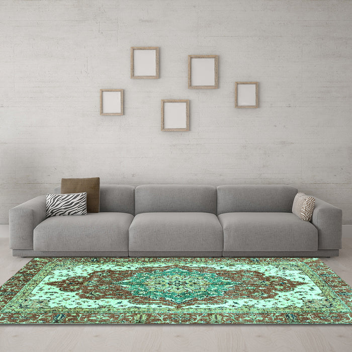Machine Washable Persian Turquoise Traditional Area Rugs in a Living Room,, wshabs3263turq