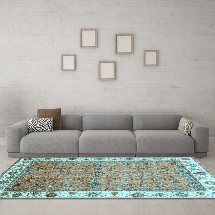 Machine Washable Oriental Light Blue Traditional Rug in a Living Room, wshabs3266lblu