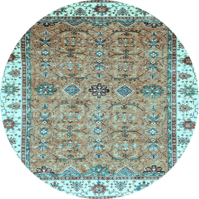 Round Machine Washable Oriental Light Blue Traditional Rug, wshabs3266lblu