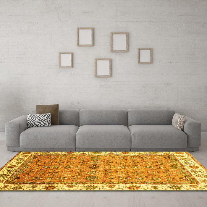Machine Washable Oriental Yellow Traditional Rug in a Living Room, wshabs3266yw