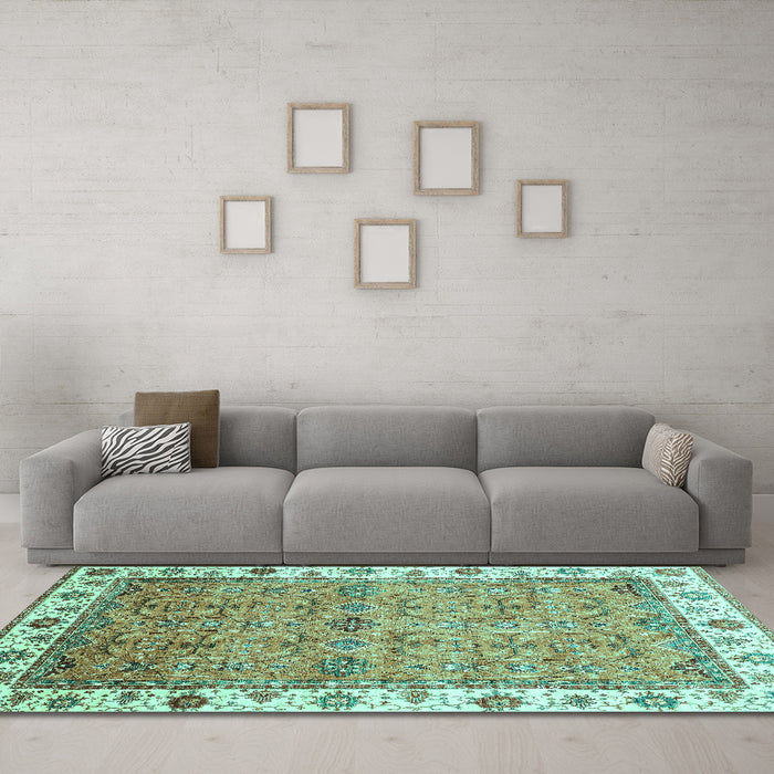 Machine Washable Oriental Turquoise Traditional Area Rugs in a Living Room,, wshabs3266turq