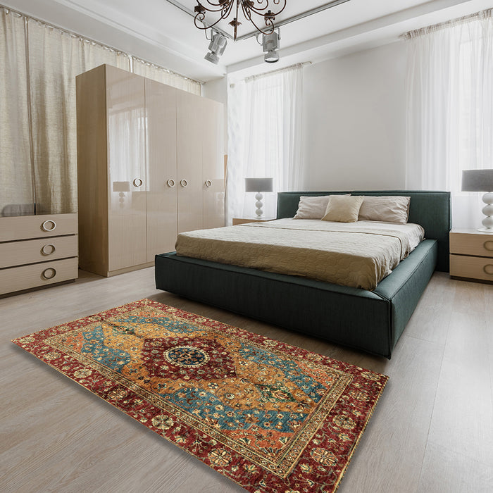Abstract Saffron Red Persian Rug in a Bedroom, abs3268