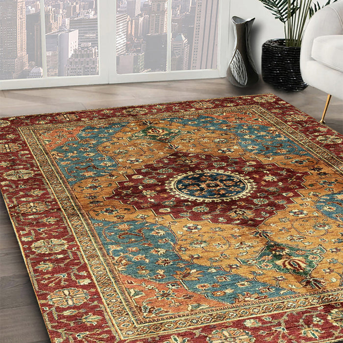 Abstract Saffron Red Persian Rug in Family Room, abs3268