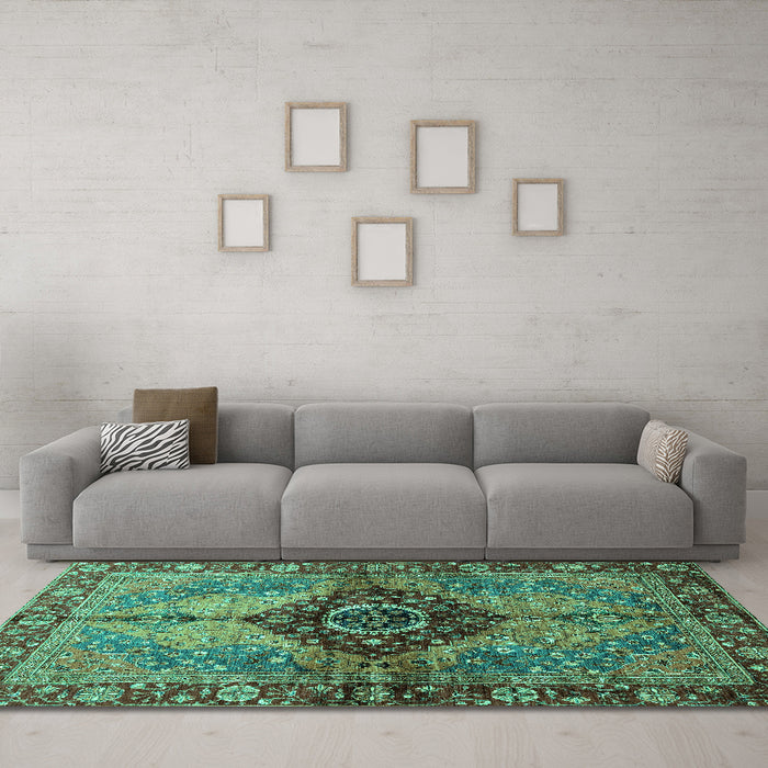 Machine Washable Persian Turquoise Traditional Area Rugs in a Living Room,, wshabs3268turq