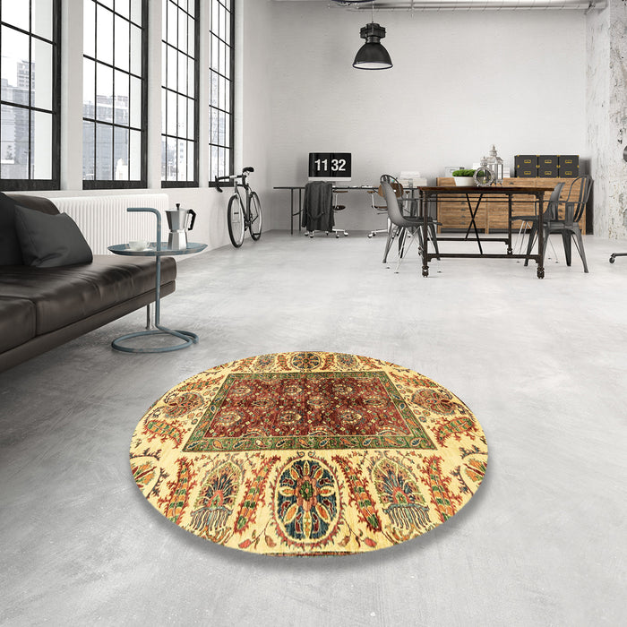 Round Abstract Chrome Gold Yellow Modern Rug in a Office, abs3269